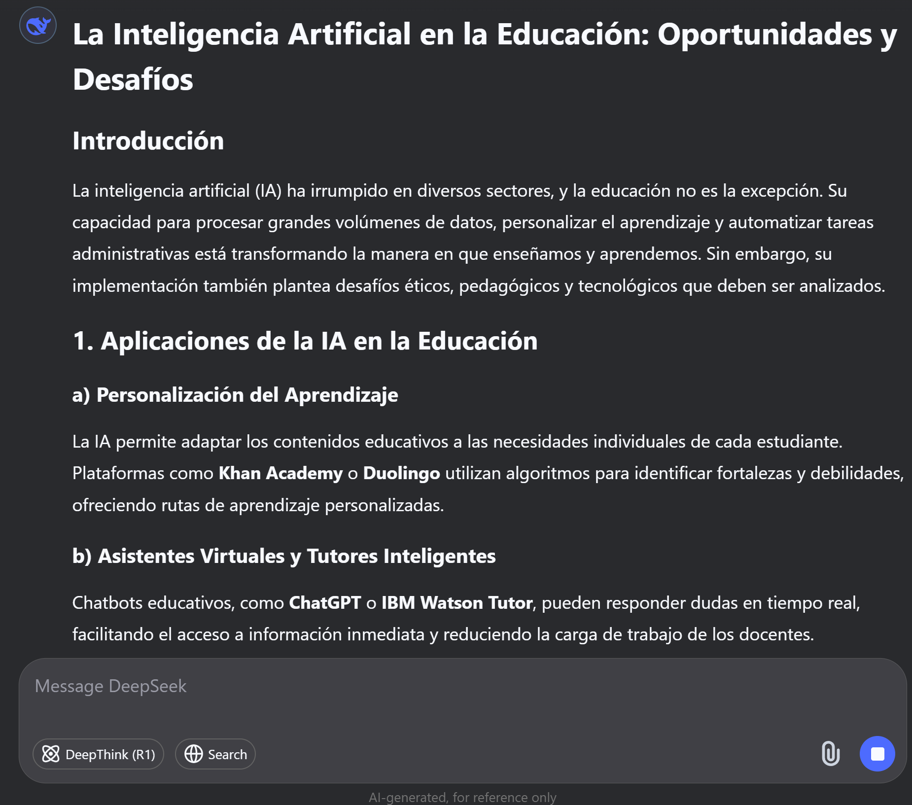 Ejemplo real de respuesta generada por DeepSeek V3 sobre inteligencia artificial en la educación