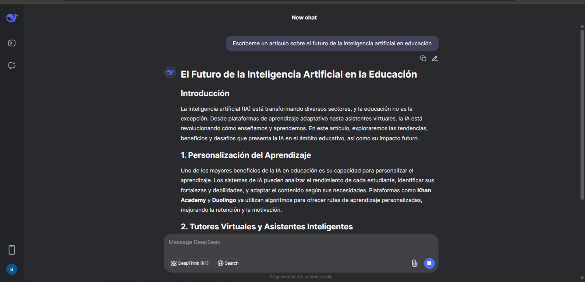 Captura de pantalla de una conversación con DeepSeek generando un artículo titulado “El Futuro de la Inteligencia Artificial en la Educación”.