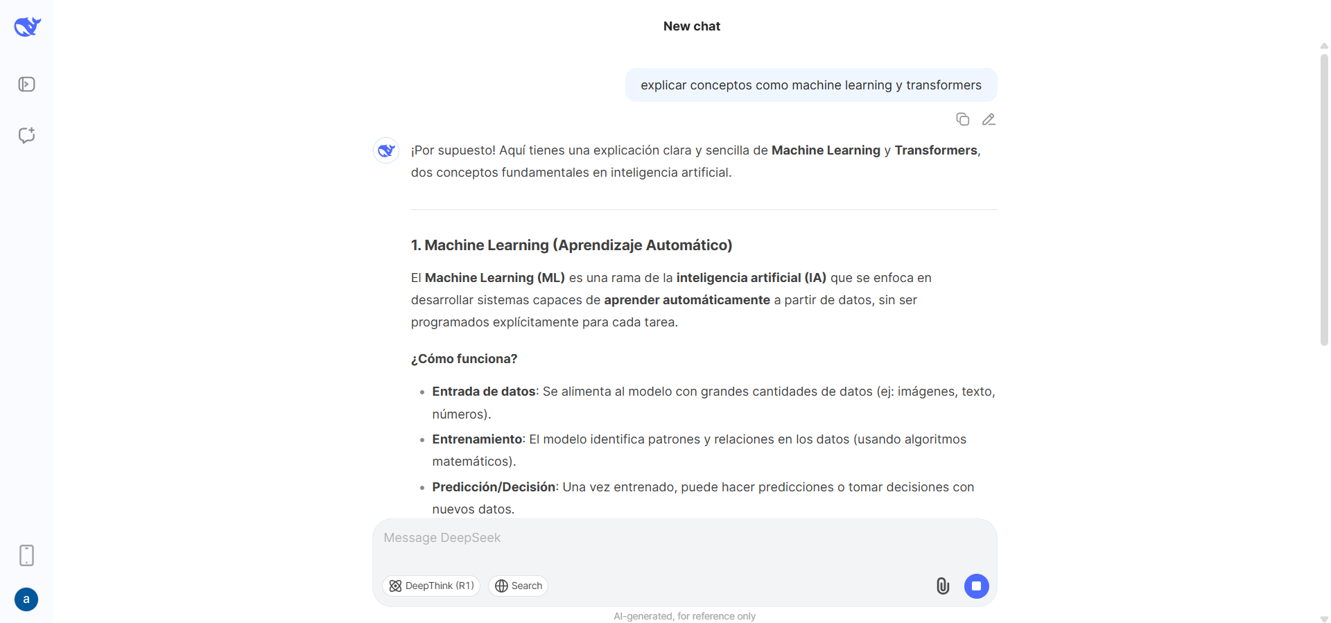 Captura de pantalla de DeepSeek explicando los conceptos de “machine learning” y “transformers” en español.