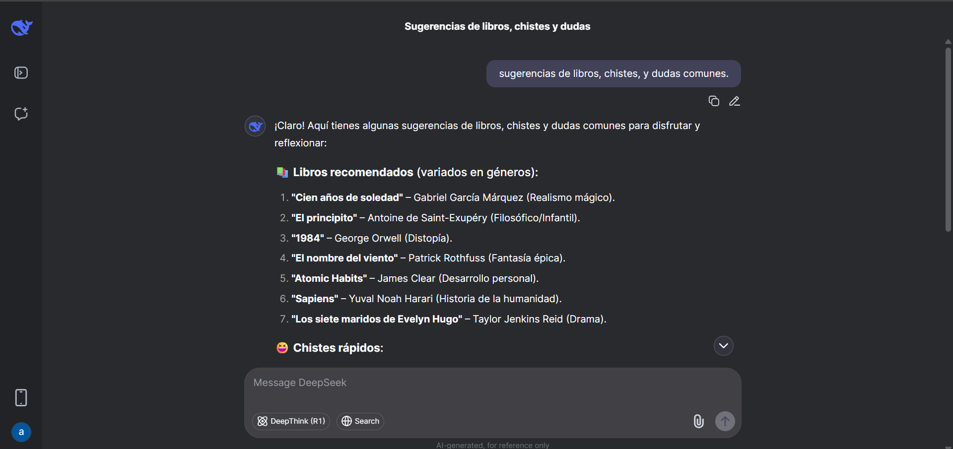 Captura de pantalla de DeepSeek respondiendo a preguntas generales como recomendaciones de libros y chistes.
