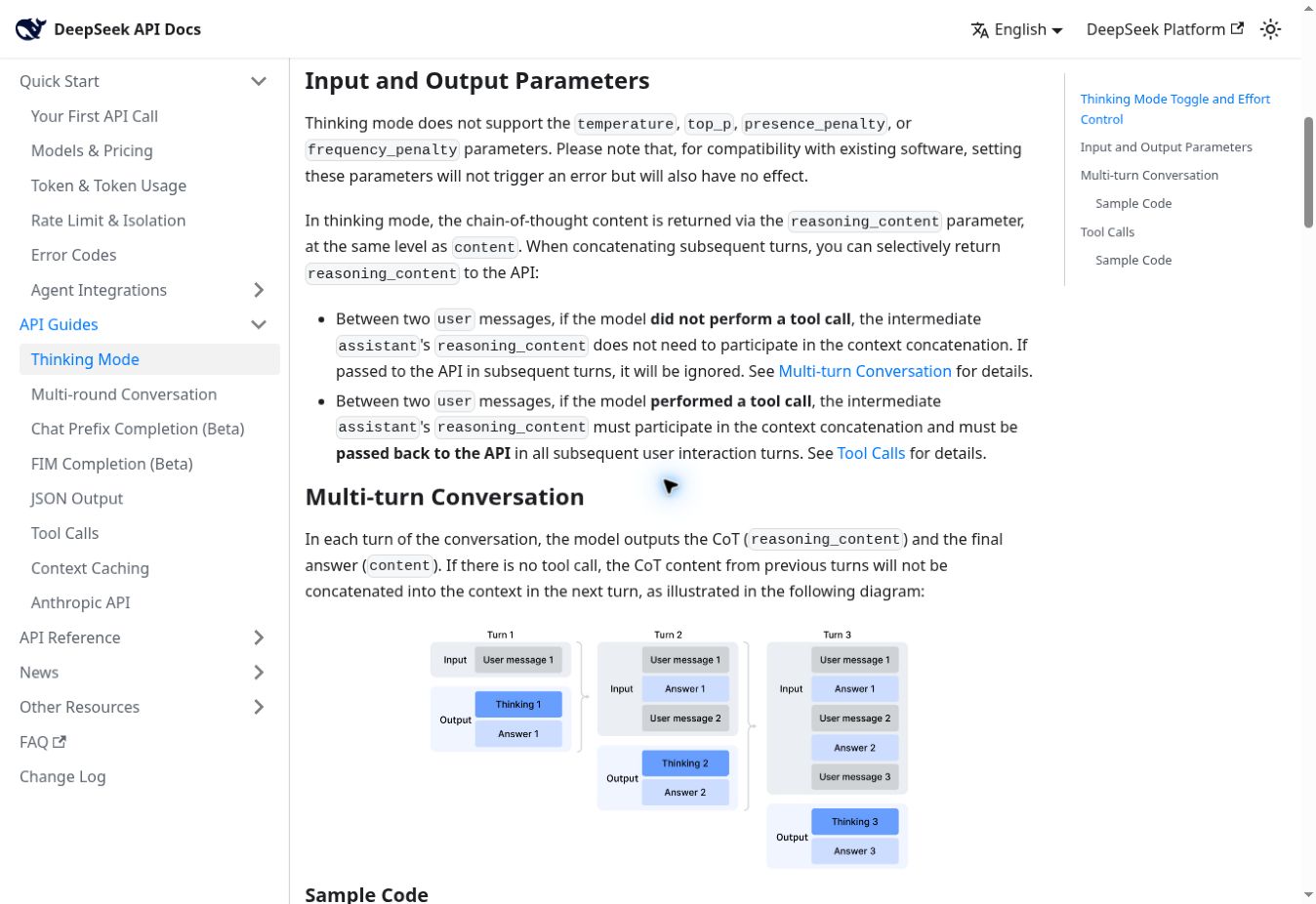 Guía oficial de Thinking Mode de DeepSeek sobre parámetros sin efecto y reasoning_content