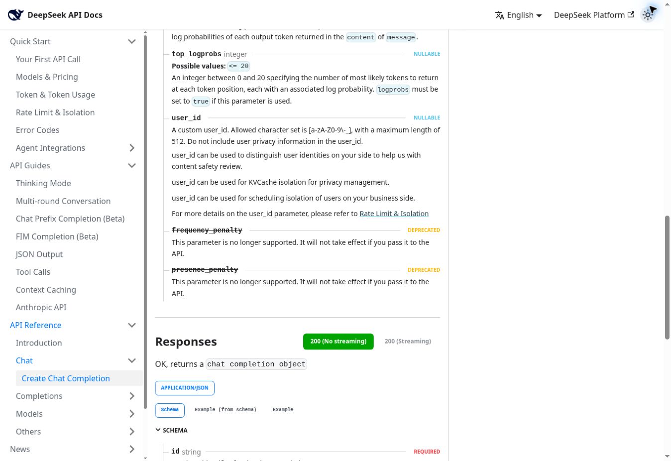 Referencia oficial de DeepSeek que declara obsoletos presence_penalty y frequency_penalty