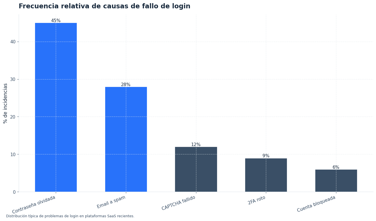 Las dos primeras causas concentran ~75% de los problemas de login.