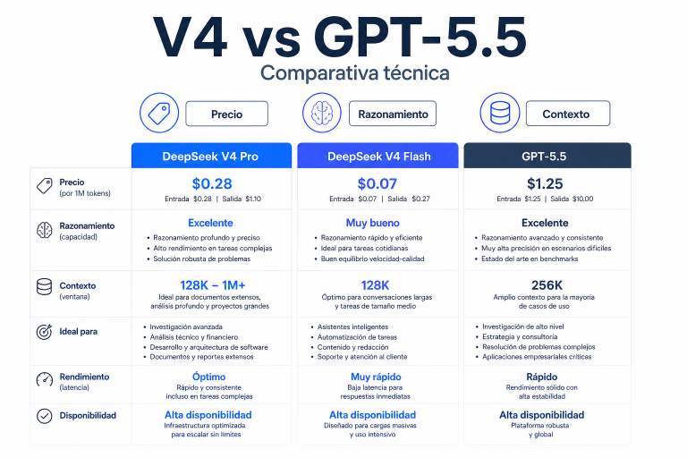 Infografía: DeepSeek V4 vs GPT-5.5: comparativa técnica y de costes