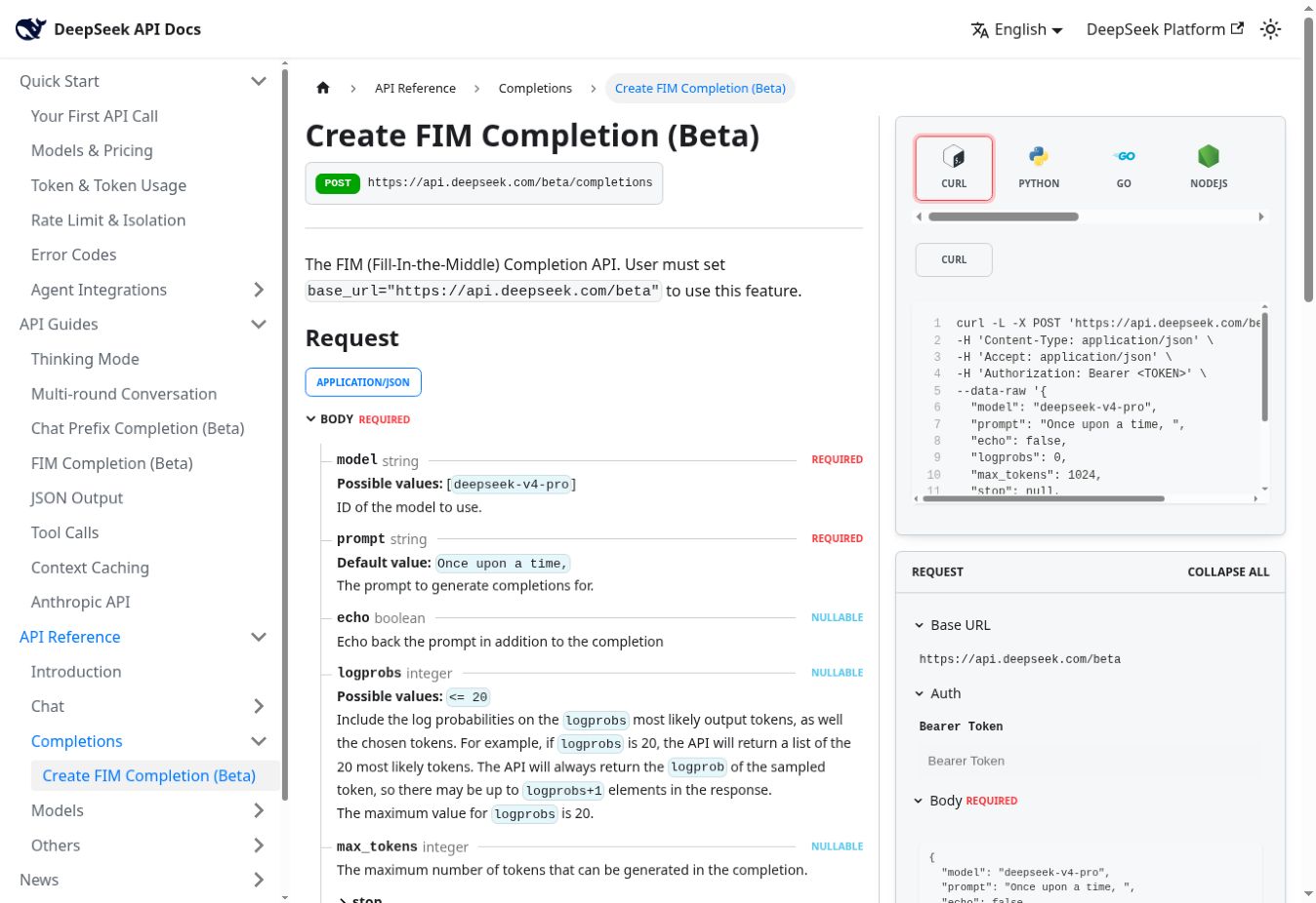 Referencia oficial de FIM Completion de DeepSeek con endpoint beta y modelo V4 Pro