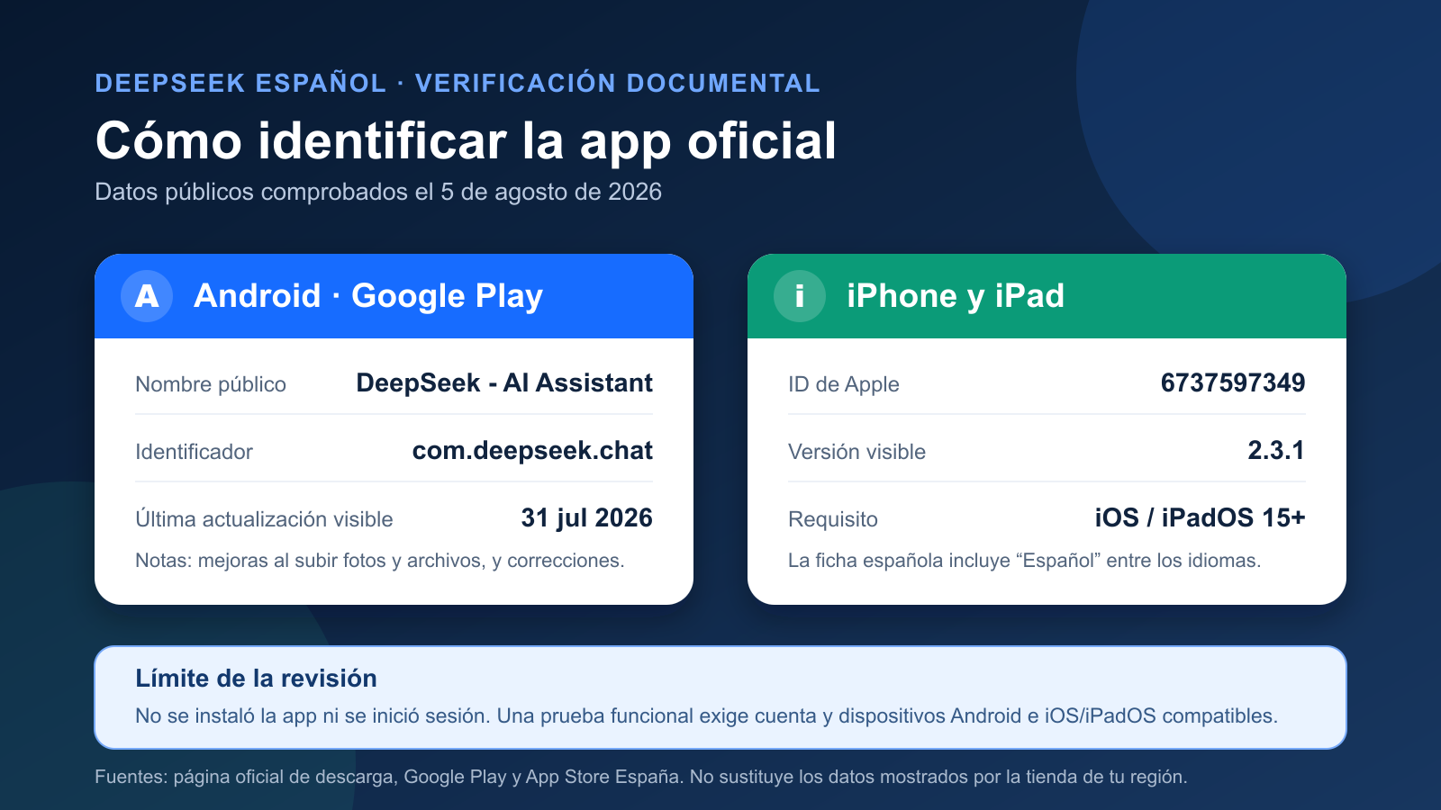 Datos para identificar la app oficial de DeepSeek en Google Play y App Store, con los límites de la verificación documental